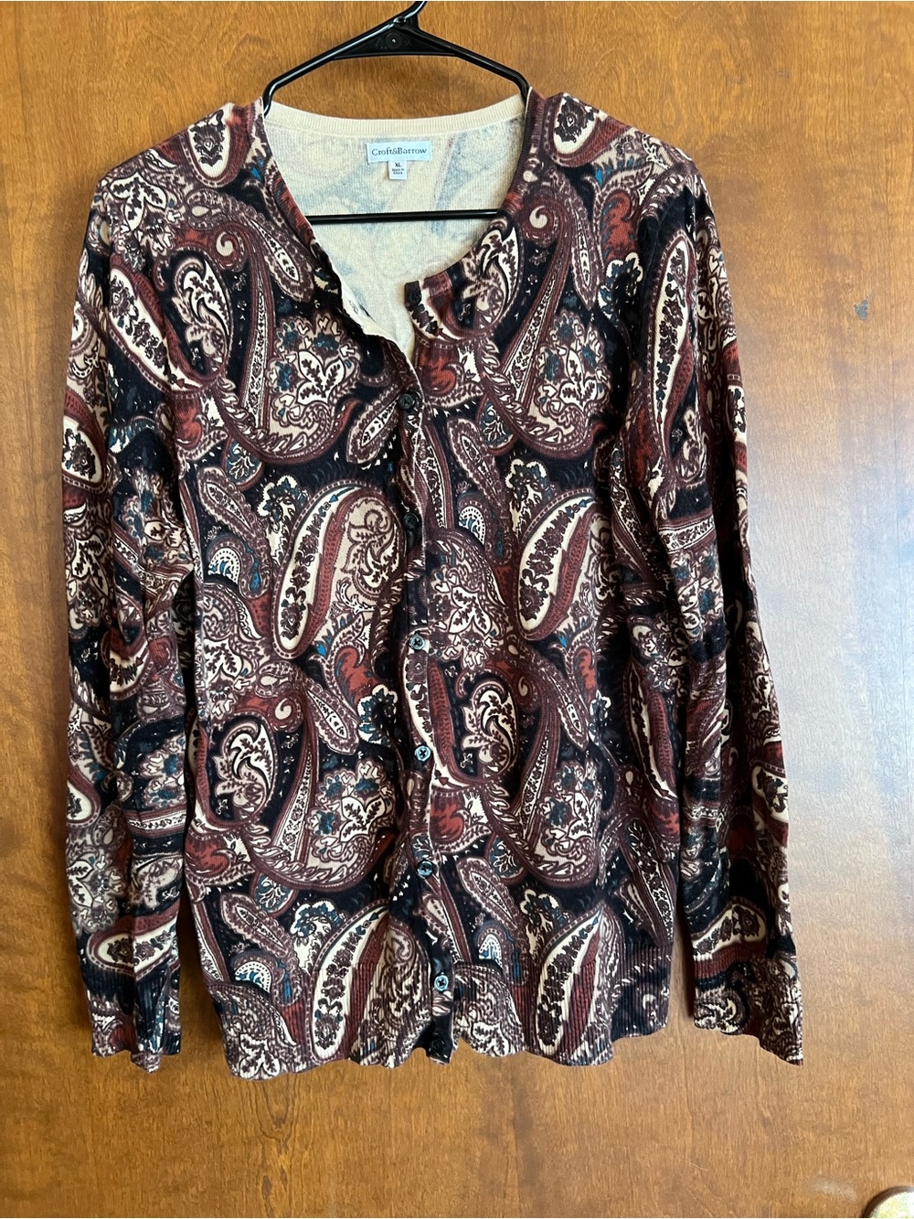 croft & barrow Brown and Black Paisley Button-Down Sweater.